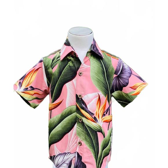 NEW CORADORABLES boys birds of paradise shortsleeve "kalani" aloha shirt in mauv - Picture 3 of 5